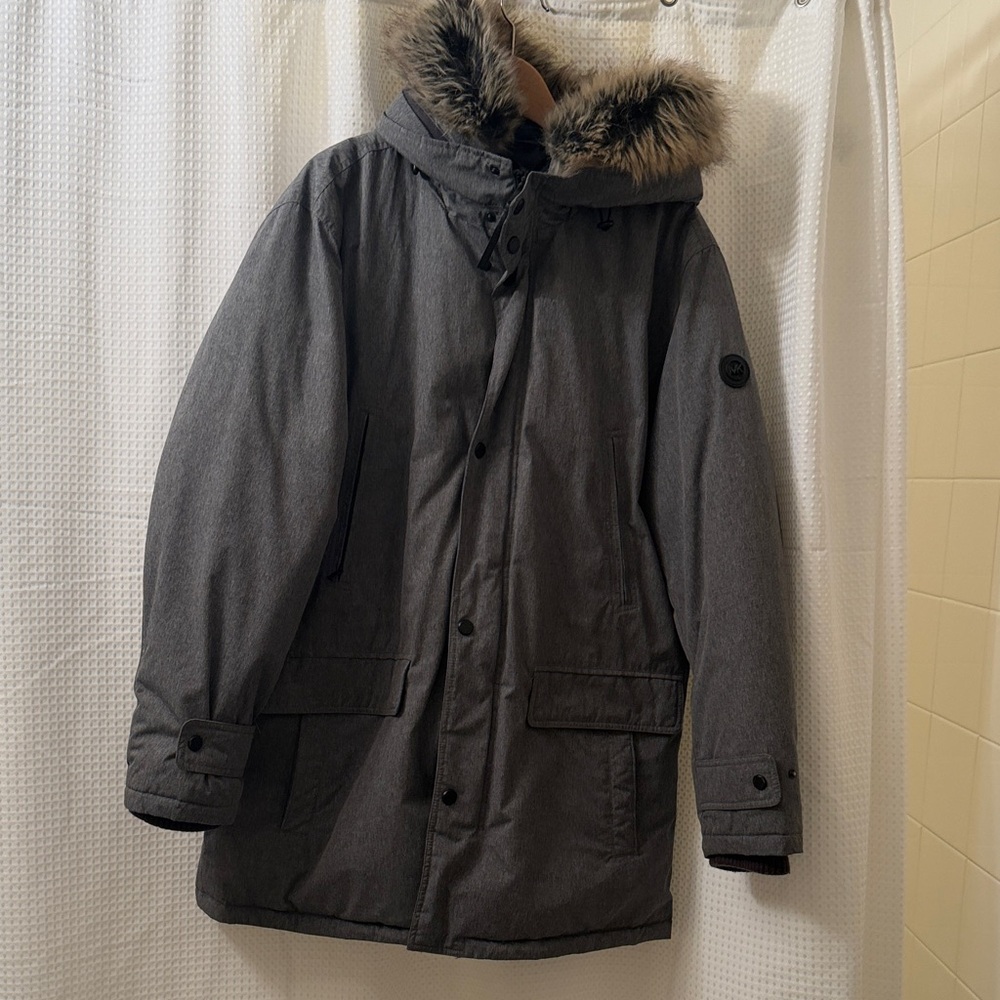 Michael Kors Men's Gray Hooded Parka with Faux Fur Trim